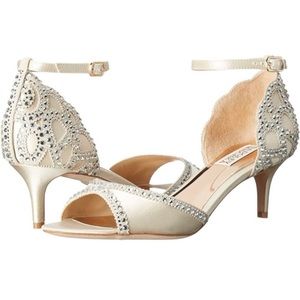 Badgley Mischka | Gillian Jeweled Satin Open Toe Heels